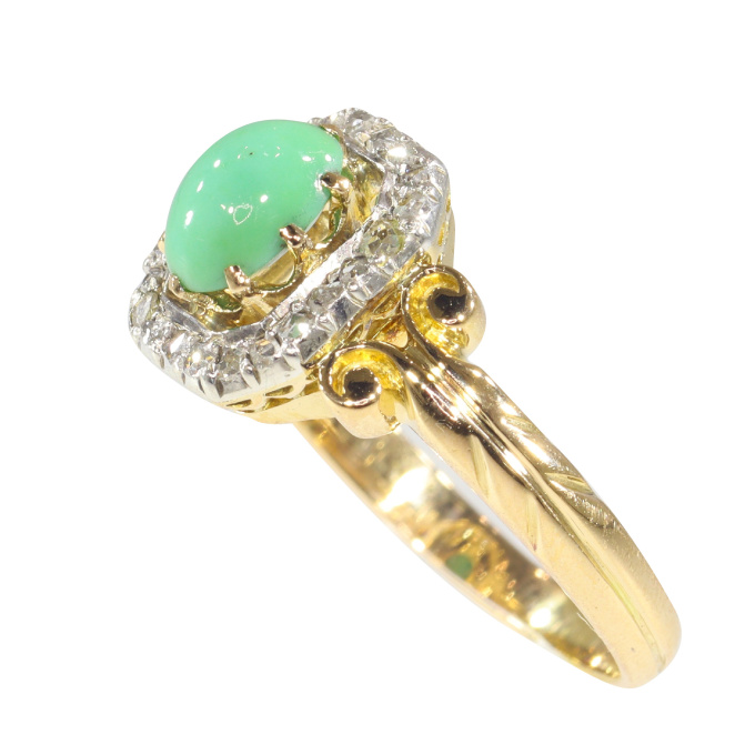 Antique Victorian 18K gold ring with rose cut diamonds and turquoise by Artista Sconosciuto