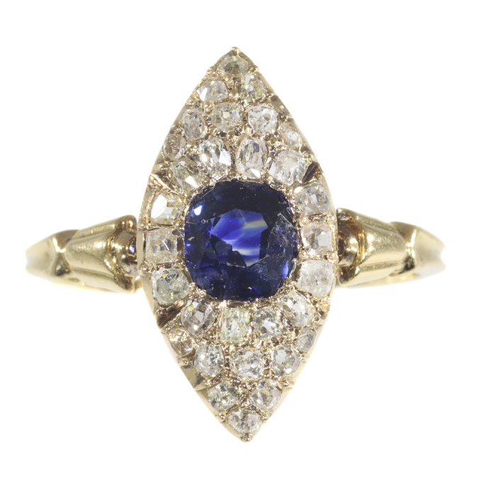 Early Victorian diamond and natural vivid blue sapphire engagement ring by Unbekannter Künstler