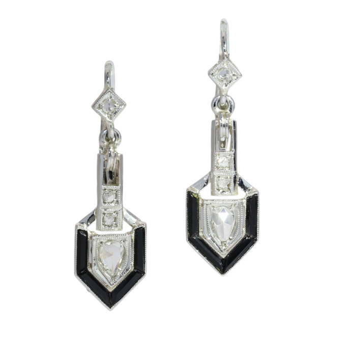 Art Deco Diamond and Onyx Earrings with Pear Shaped Diamond Drops by Artista Sconosciuto