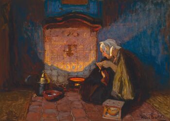 Jonge vissersvrouw met verstelwerk bij haardvuur by Hans von Bartels