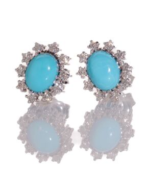 Turquoise & Diamond Cluster White Gold Halo Earrings by Its My Gemme