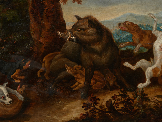 17th C Wild Boar Hunt, Attr. to Jan van Kessel (Antwerp,1626 -Antwerp,1679) on Panel marked by Guilliam Gabron (1609-1662), Antwerp, Oil on Oak by Artista Desconocido