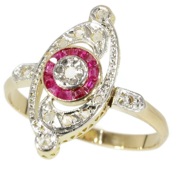 Charming Belle Epoque Art Deco ring with diamonds and rubies by Unknown artist