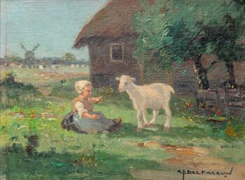Kind speelt met lammetje in het gras by GERARDUS JOHANNES DELFGAAUW