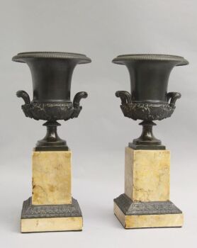 Bronze Medici vases on marble bases, France by Unknown artist