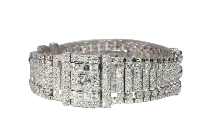 Vintage Art Deco platinum diamond wrist band bracelet with over 20 crts total diamond weight by Artiste Inconnu