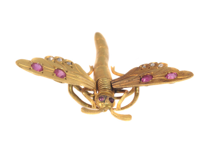 Antique Victorian hair clip brooch 18K gold dragonfly rose cut diamonds rubies by Unknown artist