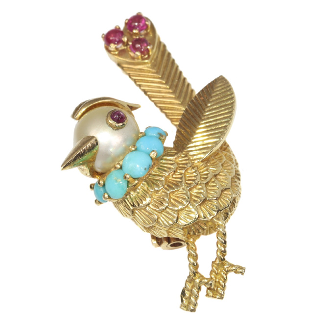 Vintage fanciful Fifties gold bejeweled bird brooch by Artista Desconhecido