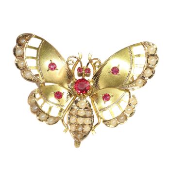 Late Victorian gold butterfly with red strass stones and half seed pearls by Unbekannter Künstler