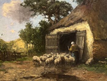 Schaapsherder met kudde bij schuur by Johan Frederik Cornelis Scherrewitz