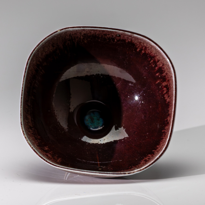 A unique glazed stoneware footed square bowl – Gustavsberg Sweden by Berndt Friberg