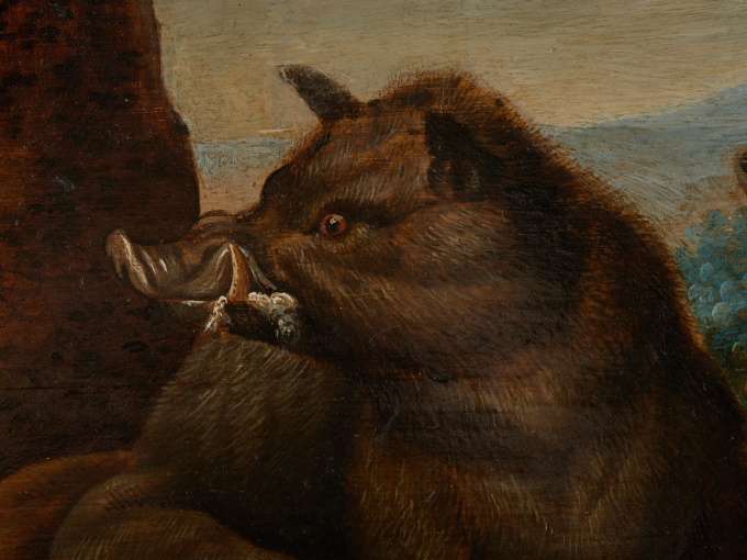 17th C Wild Boar Hunt, Attr. to Jan van Kessel (Antwerp,1626 -Antwerp,1679) on Panel marked by Guilliam Gabron (1609-1662), Antwerp, Oil on Oak by Artista Desconocido