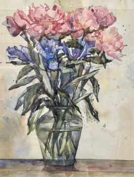 Stilleven met roze en blauwe bloemen by Renée Stotijn