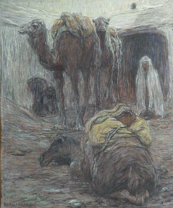 Cameelen in den Fondouk by Hendrik J. Haverman