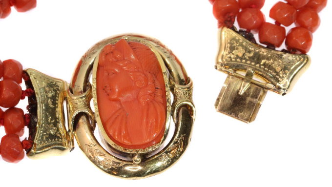 Antique Victorian coral cameo bracelet with faceted coral beads by Artiste Inconnu