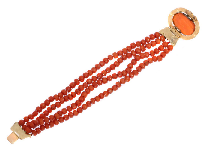 Antique Victorian coral cameo bracelet with faceted coral beads by Artiste Inconnu