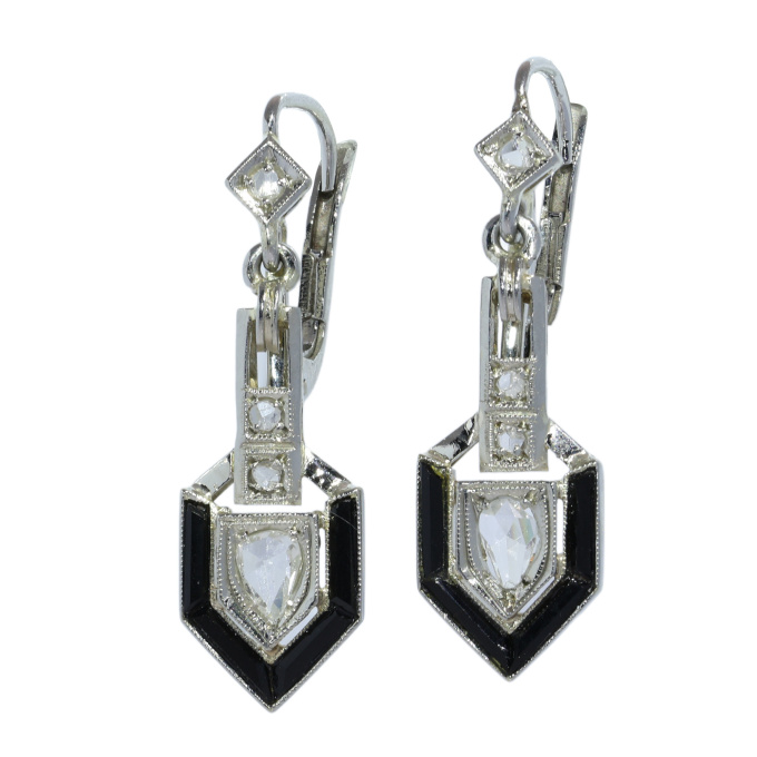 Art Deco Diamond and Onyx Earrings with Pear Shaped Diamond Drops by Artista Sconosciuto