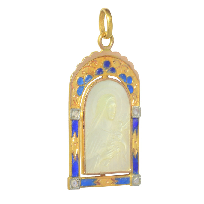 Vintage antique 18K gold mother-of-pearl medal Mother Mary with the miracle of the roses - set with diamonds and plique-a-jour enamel by Unknown artist