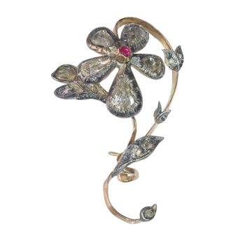 Vintage antique Victorian flower branch brooch set with large pear shaped rose cut diamonds by Unknown artist