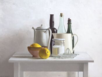 Table, two lemons and citrus press by Willem de Bont