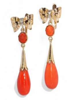 Estate Rose Cut Diamond Bow Drop Coral 18K Yellow Gold Earrings by Its My Gemme