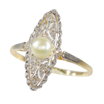 Vintage Edwardian Art Deco diamond and pearl marquise shaped ring by Unbekannter Künstler