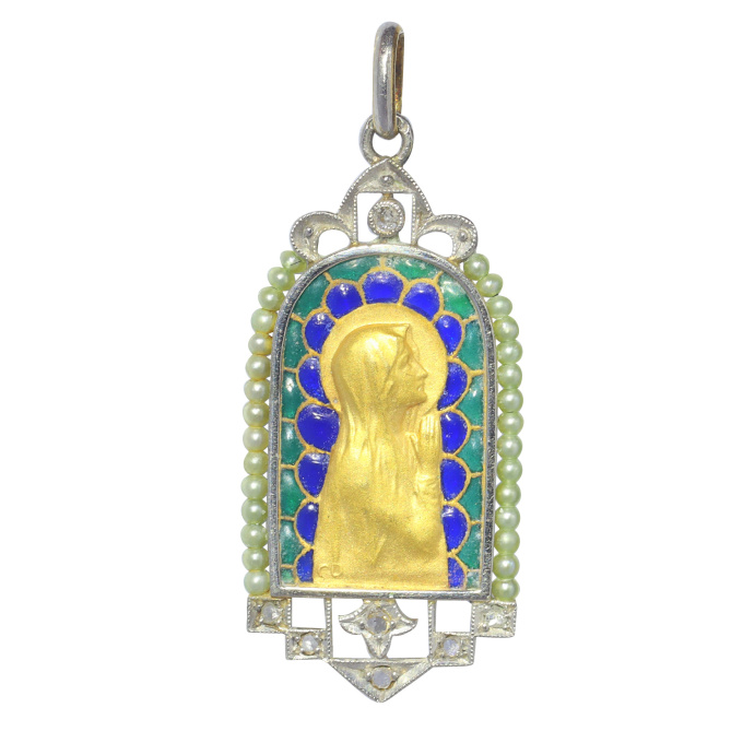 Vintage antique 18K gold Maria medal with diamonds and plique-a-jour enamel by Artista Sconosciuto