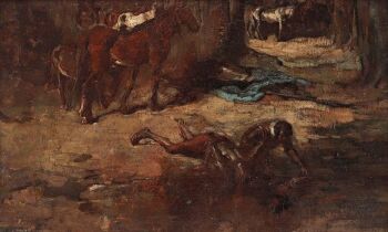 Drinkende ruiters bij bron met paarden op achtergrond by Jan Hoynck van Papendrecht Jurres