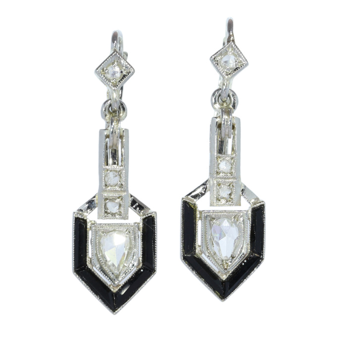 Art Deco Diamond and Onyx Earrings with Pear Shaped Diamond Drops by Artista Sconosciuto