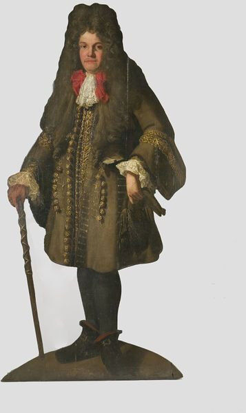 Unknown maker- England ca 1690. Life-size cut-out painting of a man holding a cane. Oil on wood on lined canvas. Victoria and Albert Museum (property number W.62-1931)
