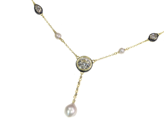 Antique 19th Century large diamond and large natural pearl necklace by Artiste Inconnu