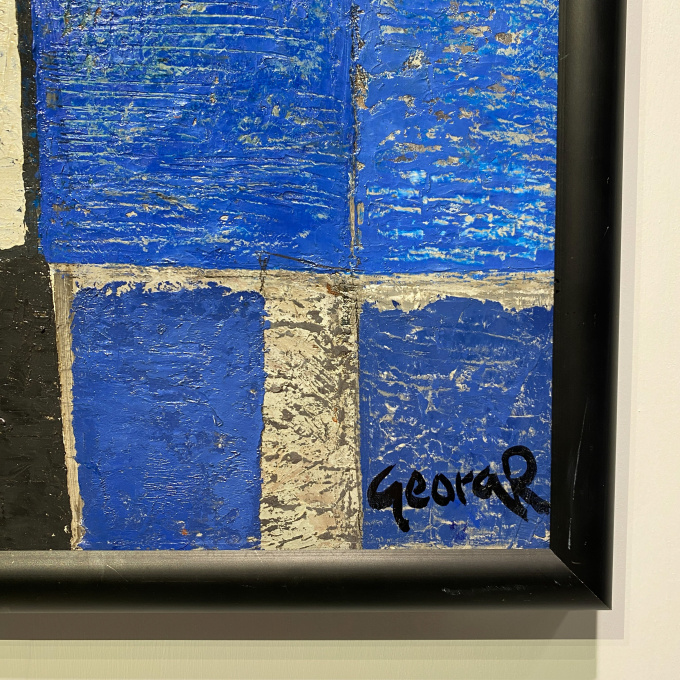 Mid-Century Modern Dutch Oil Painting "Composition in White, Black and Blue" by Georg Ruyter