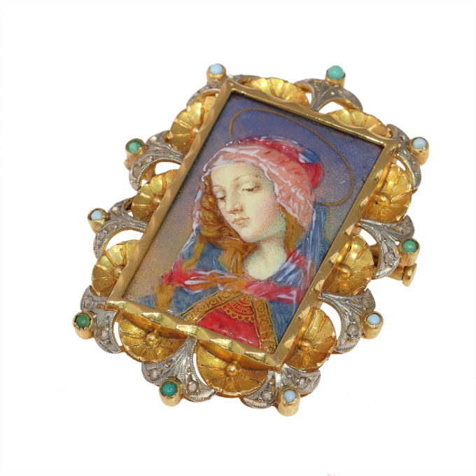 A Serene Masterpiece: Vintage 1950s Enameled Virgin Mary Brooch by Artista Sconosciuto
