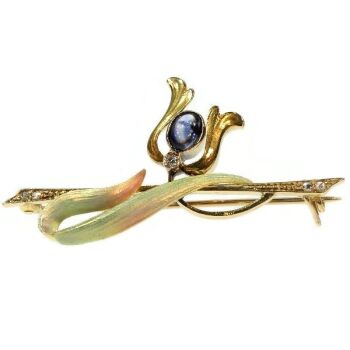 Enameled Art Nouveau brooch with diamonds and sapphire by Artiste Inconnu