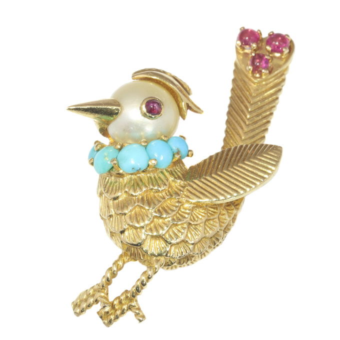 Vintage fanciful Fifties gold bejeweled bird brooch by Artista Desconhecido