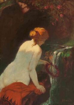 Reclining female nude by a waterfall by Artista Sconosciuto