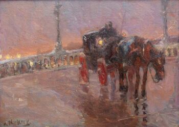Paardenkoets op een stadsbrug by Maurits Niekerk