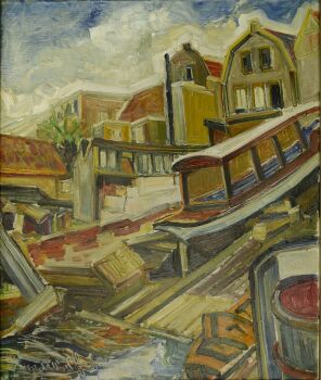 Shipyard with boats in Amsterdam. by Cor de Wolf