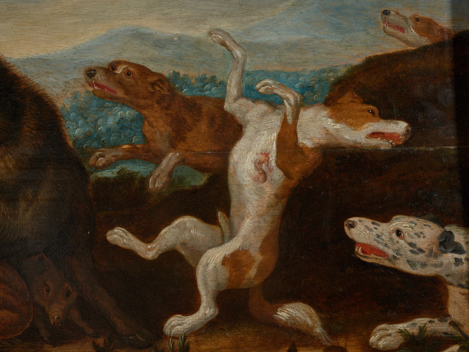 17th C Wild Boar Hunt, Attr. to Jan van Kessel (Antwerp,1626 -Antwerp,1679) on Panel marked by Guilliam Gabron (1609-1662), Antwerp, Oil on Oak by Artista Desconocido