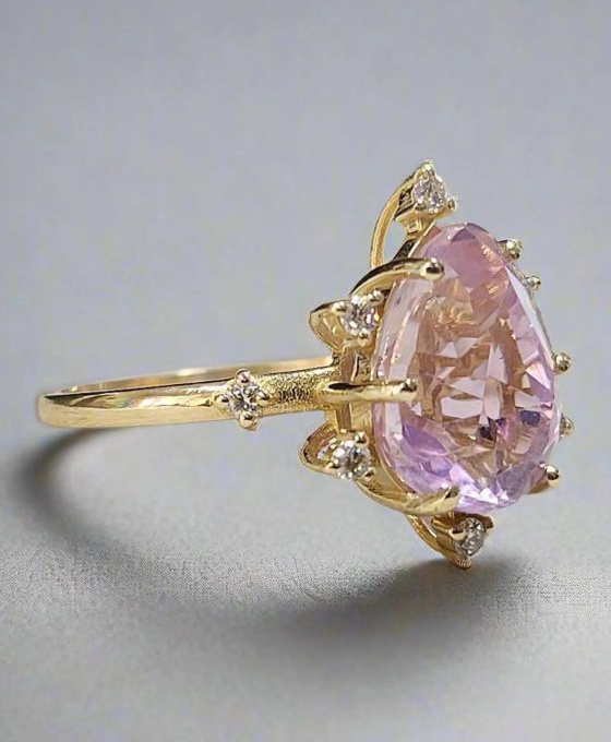 Pink Kunzite Diamond Statement 14K Yellow Gold Cocktail Ring by Its My Gemme